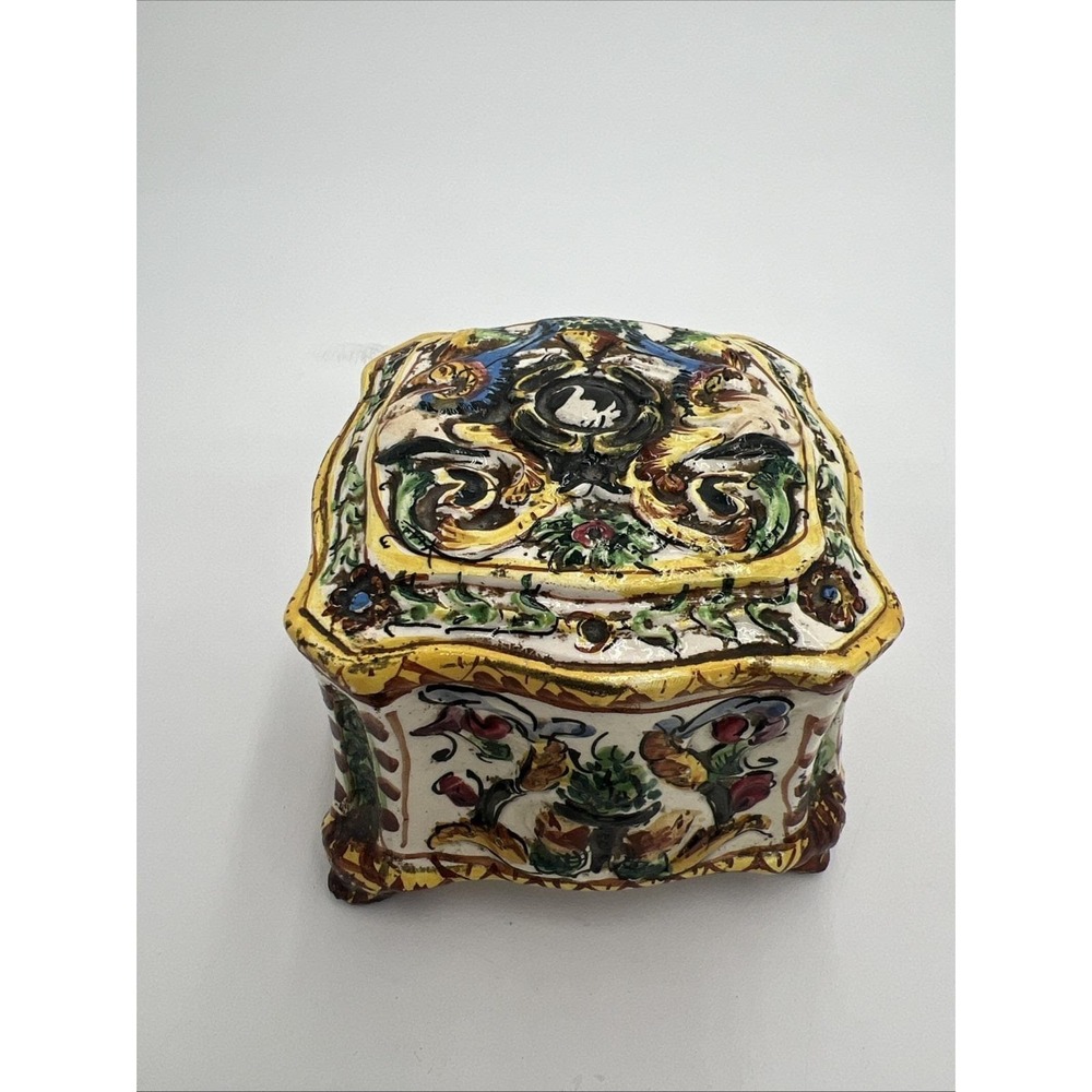 Vintage Italian Ceramic Box With Lid. Footed. Boho Style Painting. Square....